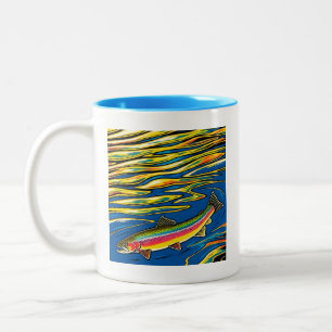 Kleurrijke forel en rimpels van water tweekleurige koffiemok
