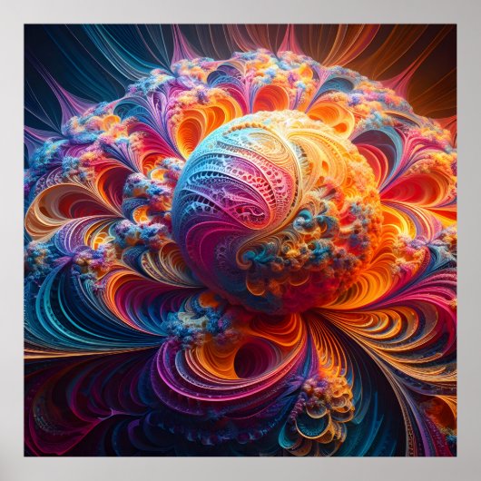 Kleurrijke Fractal Orb in Fractal Nest Poster (Voorkant)