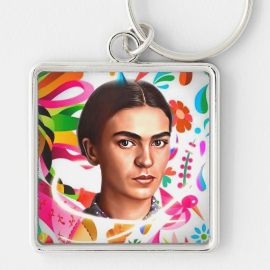 Kleurrijke Frida Kahlo Cartoon Bloemenpatroon Sleutelhanger (Voorkant)