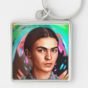 Kleurrijke Frida Kahlo Toon Portrait Paint Splatte Sleutelhanger