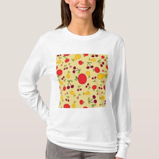 Kleurrijke Fruit Patroon Appels Kersen en Peren T-shirt (Voorkant)