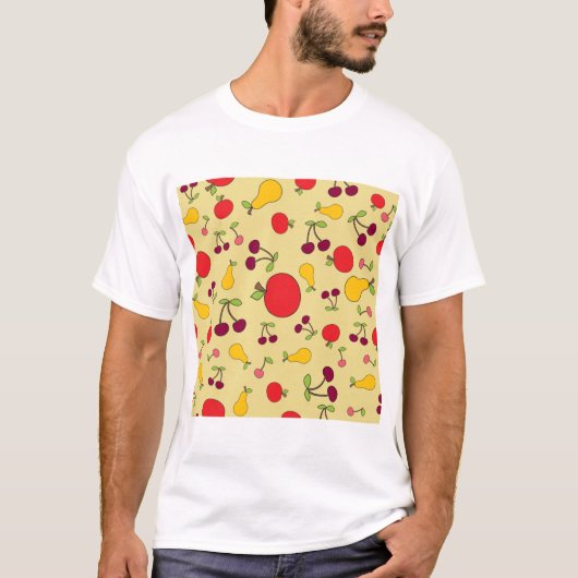 Kleurrijke Fruit Patroon Appels Kersen en Peren T-shirt (Voorkant)