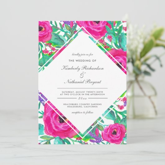 Kleurrijke Fuchsia Waterverf Bloemenbruiloft Kaart (Staand voorkant)