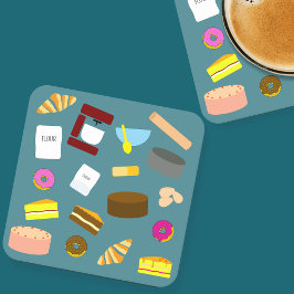 Kleurrijke gebakken producten en bakken gebruiksvo vierkante kartonnen onderzetter