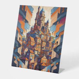 Kleurrijke gebouwen reclamebord met voetstuk