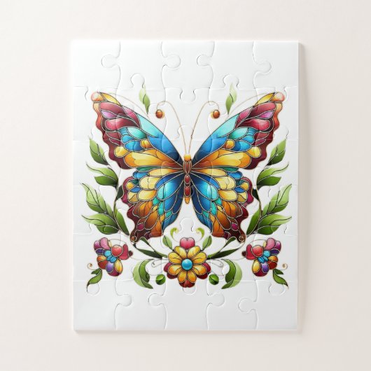 Kleurrijke gebrandschilderde glazen vlinder met bl legpuzzel (Verticaal)