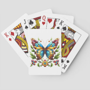 Kleurrijke gebrandschilderde glazen vlinder met bl pokerkaarten