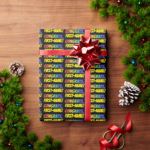 Kleurrijke "GEFELICITEERD" + Persoonlijke Naam Inp Cadeaupapier