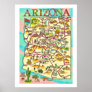 Kleurrijke geïllustreerde Arizona kaartprint Poster