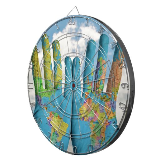Kleurrijke gekleurde Wereldkaart in handen, kunstf Dartbord (Voorkant Rechts)