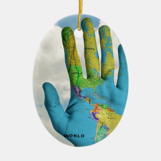 Kleurrijke gekleurde Wereldkaart in handen, kunstf Keramisch Ornament (Voorkant)