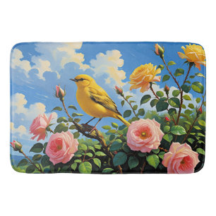 Kleurrijke gele vogel en mooie roze rozen badmat