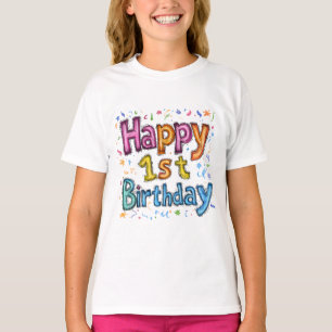Kleurrijke Gelukkige 1e Verjaardag Viering Tekst T-shirt