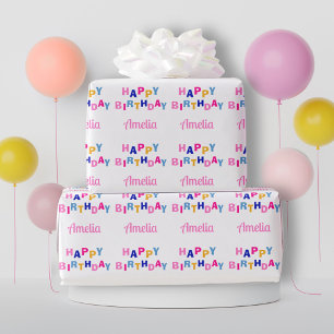 Kleurrijke Gelukkige Verjaardag Aangepaste Naam  Cadeaupapier