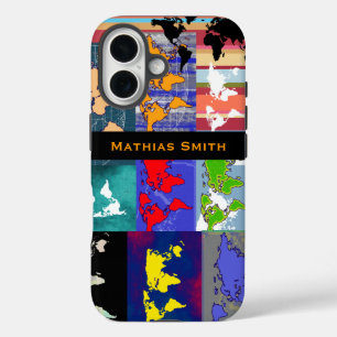 kleurrijke geografische gemengde wereldkaarten iPhone 16 hoesje