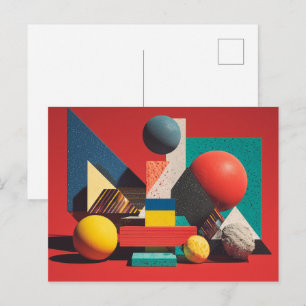 Kleurrijke geometrische vormen op een rode achterg briefkaart