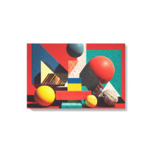 Kleurrijke geometrische vormen op rode achtergrond