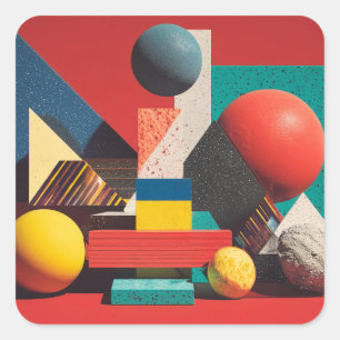 Kleurrijke geometrische vormen op rode achtergrond vierkante sticker
