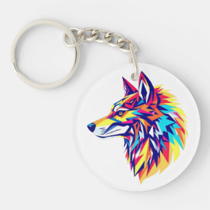 Kleurrijke Geometrische Wolf Acryl Sleutelhanger