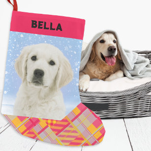 Kleurrijke geruite foto van uw hond naam huisdierl kleine kerstsok
