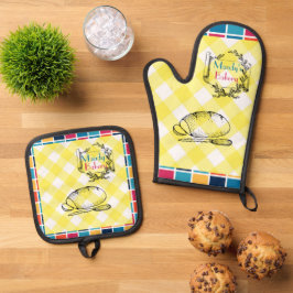 Kleurrijke geruite vierkanten met schilderachtig w ovenwant & pannenlap set