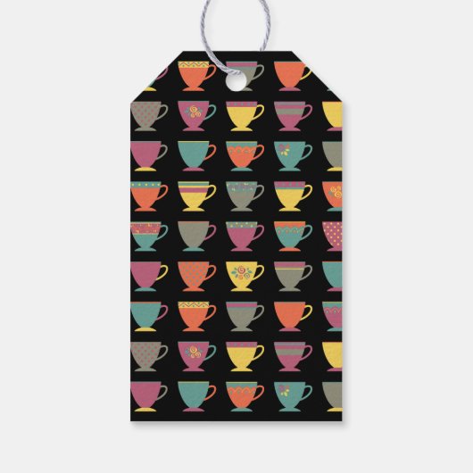 Kleurrijke gestapelde mokken, retro koffiestoom cadeaulabel (Achterkant)