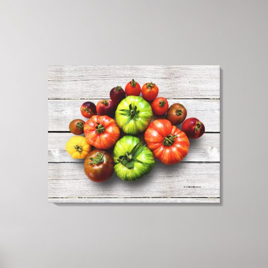Kleurrijke gestripte tomaten op de weerstabel canvas afdruk (Voorkant)