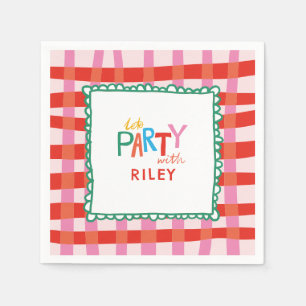 Kleurrijke Gingham "Laten we feesten" Aangepaste n Servet