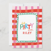 Kleurrijke Gingham "Let's Party" Custom Name Kinde Kaart (Voorkant)