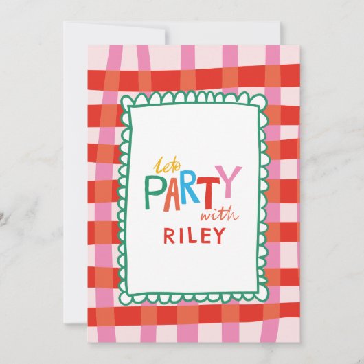 Kleurrijke Gingham "Let's Party" Custom Name Kinde Kaart (Voorkant)
