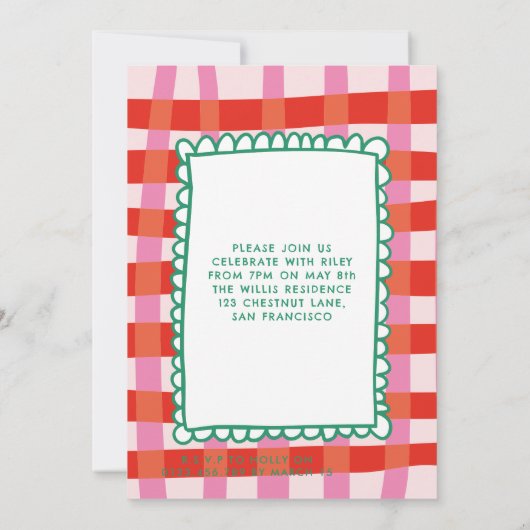 Kleurrijke Gingham "Let's Party" Custom Name Kinde Kaart (Achterkant)