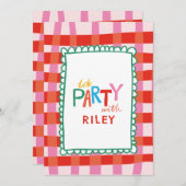 Kleurrijke Gingham "Let's Party" Custom Name Kinde Kaart (Voorkant / Achterkant)