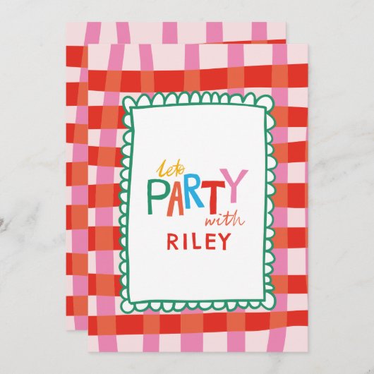 Kleurrijke Gingham "Let's Party" Custom Name Kinde Kaart (Voorkant / Achterkant)
