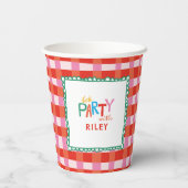 Kleurrijke Gingham "Let's Party" Custom Name Kinde Papieren Bekers (Achterkant)