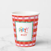Kleurrijke Gingham "Let's Party" Custom Name Kinde Papieren Bekers (Voorkant)