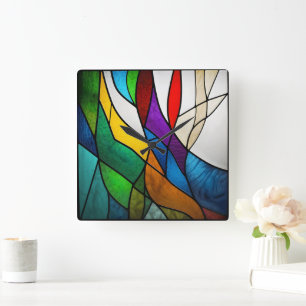 Kleurrijke Glas in lood Mozaïek Abstractie Vierkante Klok