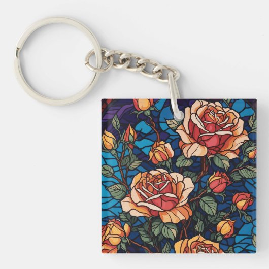 Kleurrijke Glazen in lood Rozen Botanisch Sleutelhanger (voorkant)