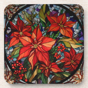 Kleurrijke Glazen in lood stijl Poinsettias & Holl Bier Onderzetter