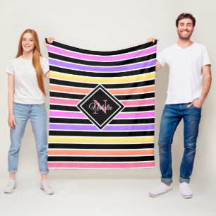 Kleurrijke Glitter Black Stripes Monogram Fleece Deken