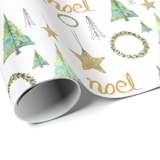 Kleurrijke Golden Stars Pine Tree Waterverf Cadeaupapier (Rol Hoek)