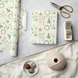 Kleurrijke Golden Stars Pine Tree Waterverf Cadeaupapier