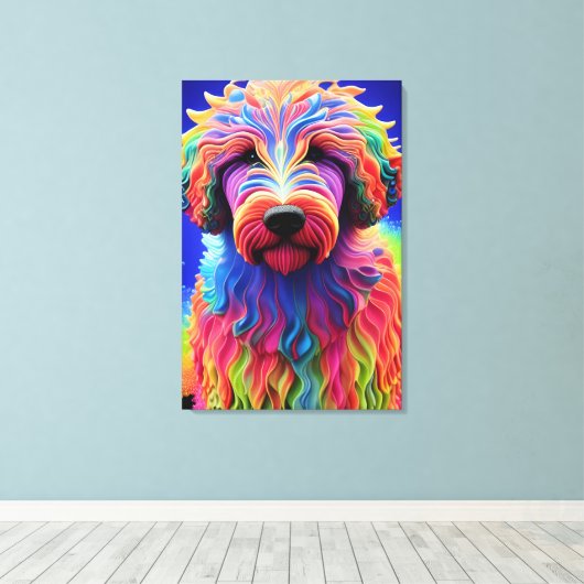 Kleurrijke Goldendoodle Feestelijk Vivid Abstract Canvas Afdruk (Insitu (Houten vloer))