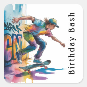 Kleurrijke Graffiti Jongens Verjaardagsfeest Vierkante Sticker