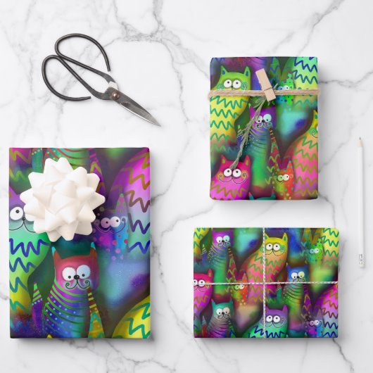 Kleurrijke Grafische Kunst Katten met Grijns 3 Gif Inpakpapier Vel (Voorkant)