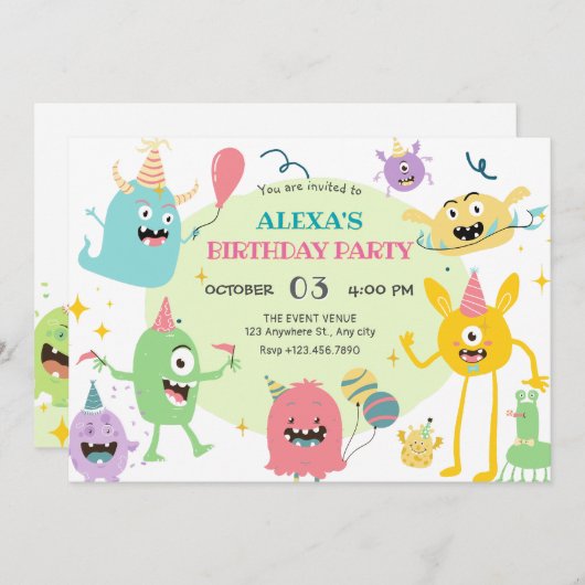 Kleurrijke grappige monster party verjaardag kaart (Voorkant / Achterkant)