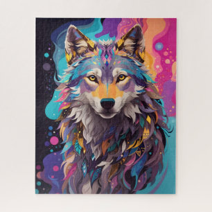 Kleurrijke grijze wolf neon kleuren legpuzzel