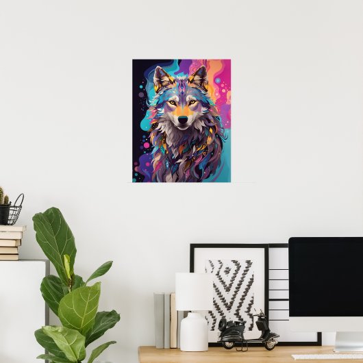 Kleurrijke grijze wolf neon kleuren poster (Thuiskantoor)