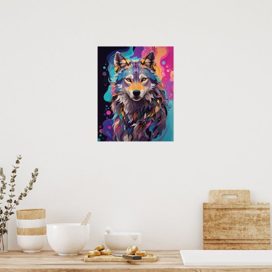 Kleurrijke grijze wolf neon kleuren poster (Keuken)