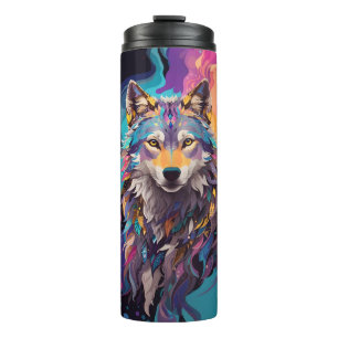 Kleurrijke grijze wolf neon kleuren thermosbeker