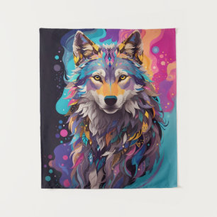 Kleurrijke grijze wolf neon kleuren wandkleed